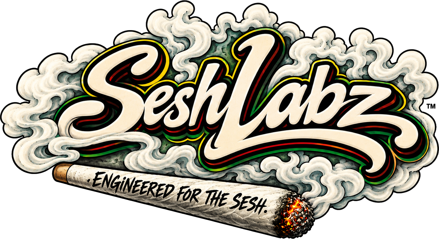 SeshLabz illustrated badge: script wordmark in smoke above a joint reading Engineered for the sesh